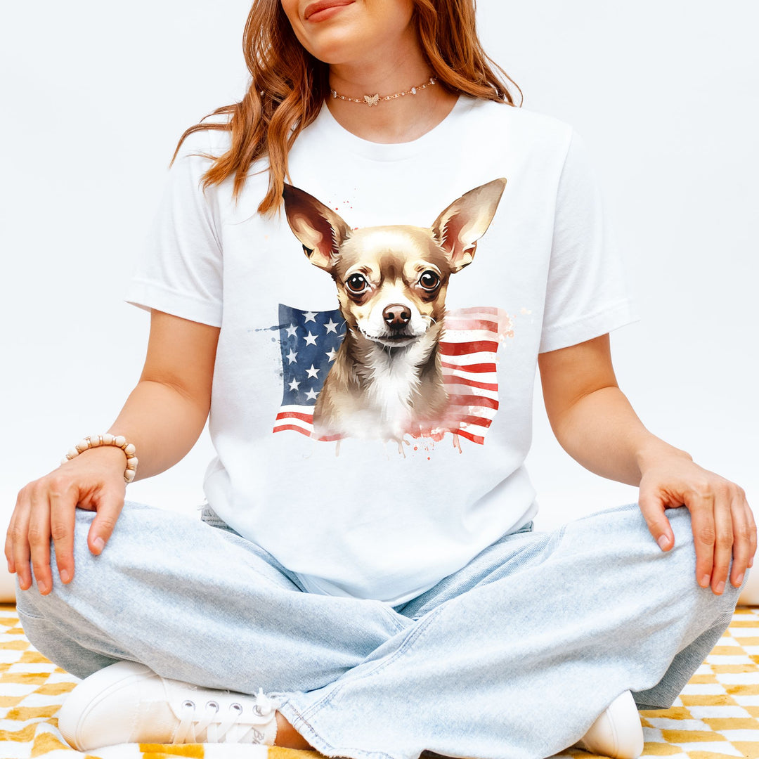 Patriotic Smooth Coat Chihuahua with 4th of July Flag T-Shirt | Brown Dog Tee - Embellish by Jackie - Handmade Greeting Cards