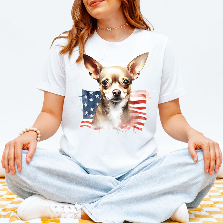 Patriotic Smooth Coat Chihuahua with 4th of July Flag T-Shirt | Brown Dog Tee - Embellish by Jackie - Handmade Greeting Cards
