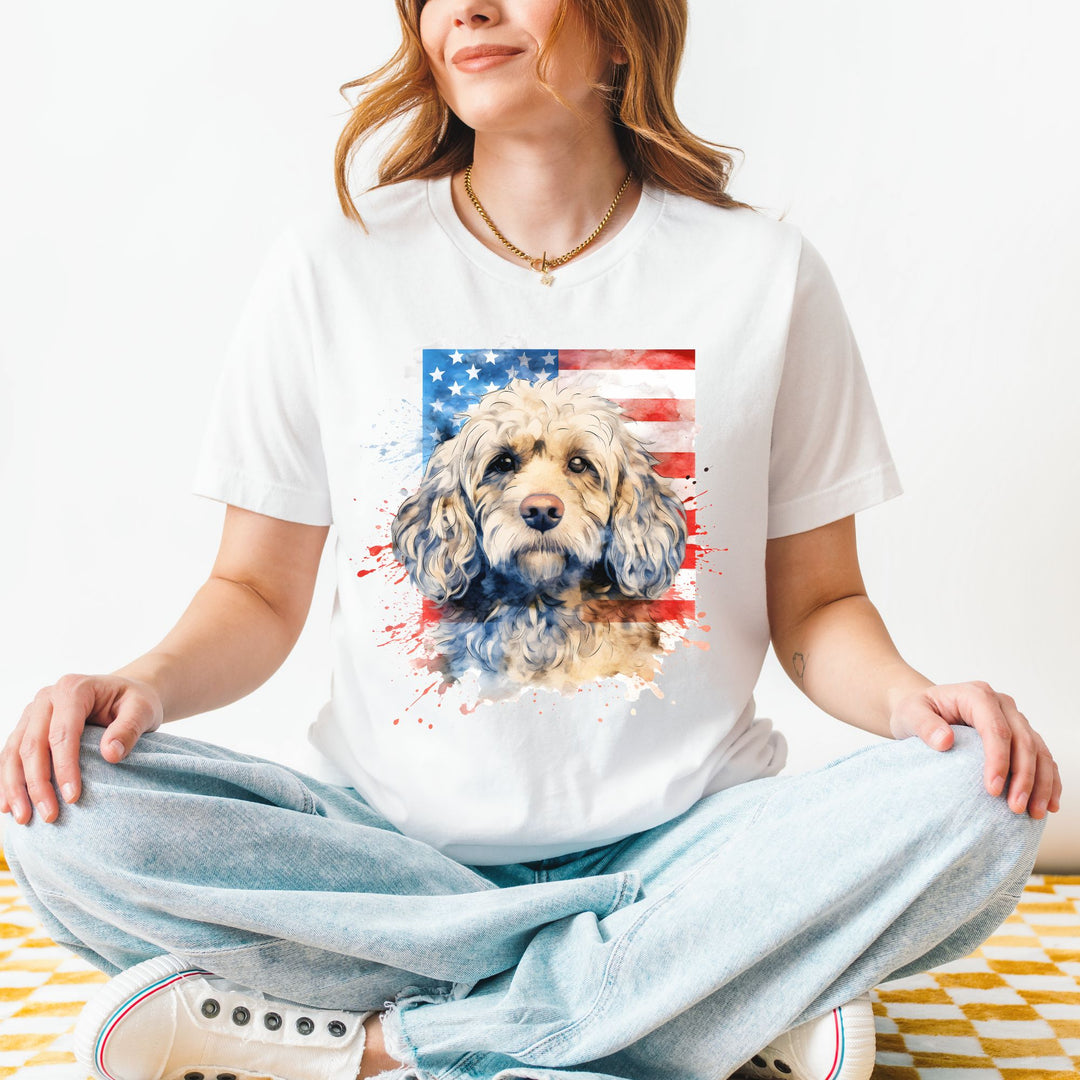 Fawn Cockapoo with American Flag Tee | Patriotic Dog Shirt - Embellish by Jackie - Handmade Greeting Cards