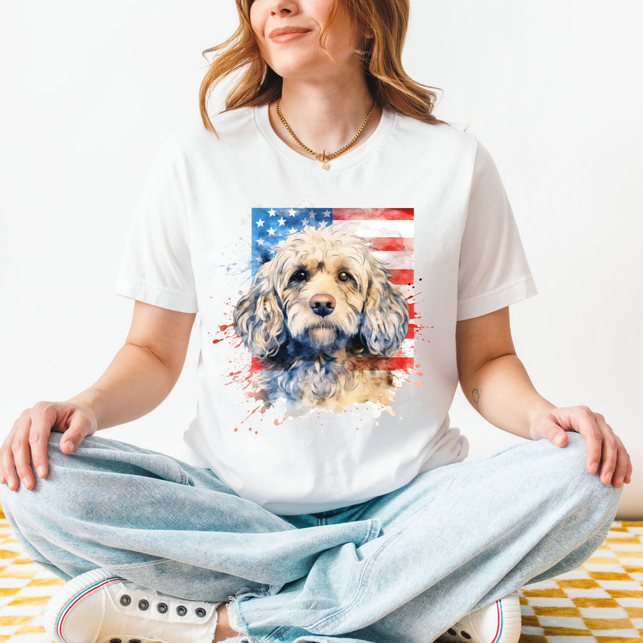 Fawn Cockapoo with American Flag Tee | Patriotic Dog Shirt - Embellish by Jackie - Handmade Greeting Cards
