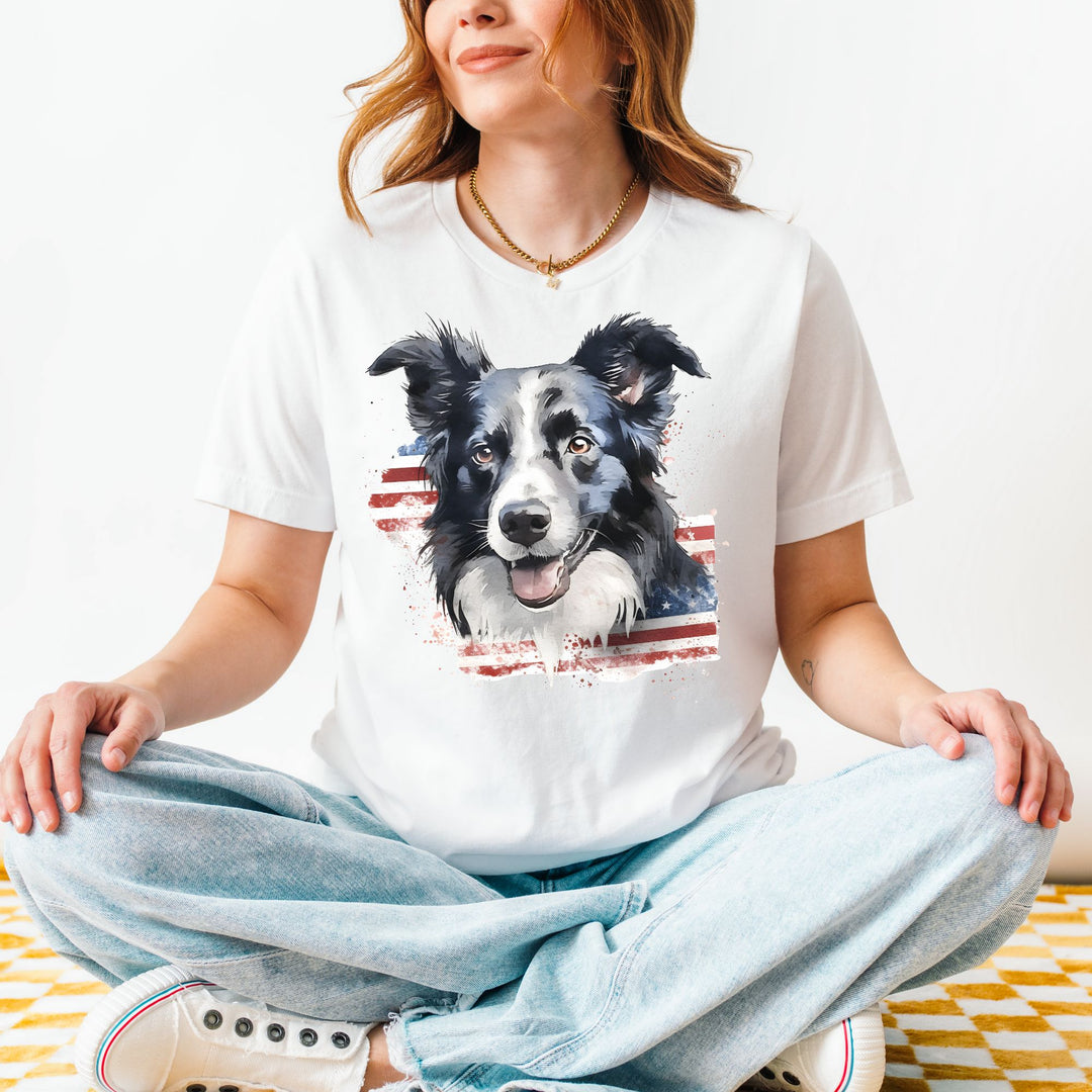 Border Collie with Distressed American Flag T-Shirt | Patriotic Dog Tee - Embellish by Jackie - Handmade Greeting Cards