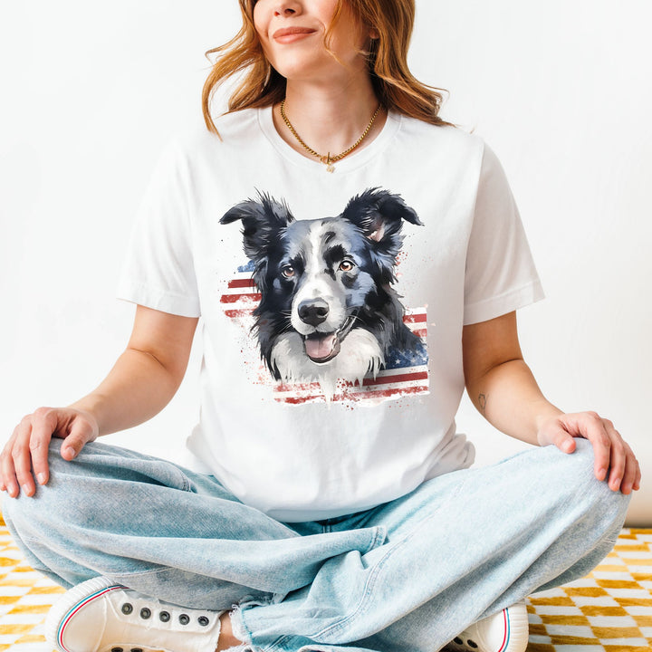 Border Collie with Distressed American Flag T-Shirt | Patriotic Dog Tee - Embellish by Jackie - Handmade Greeting Cards