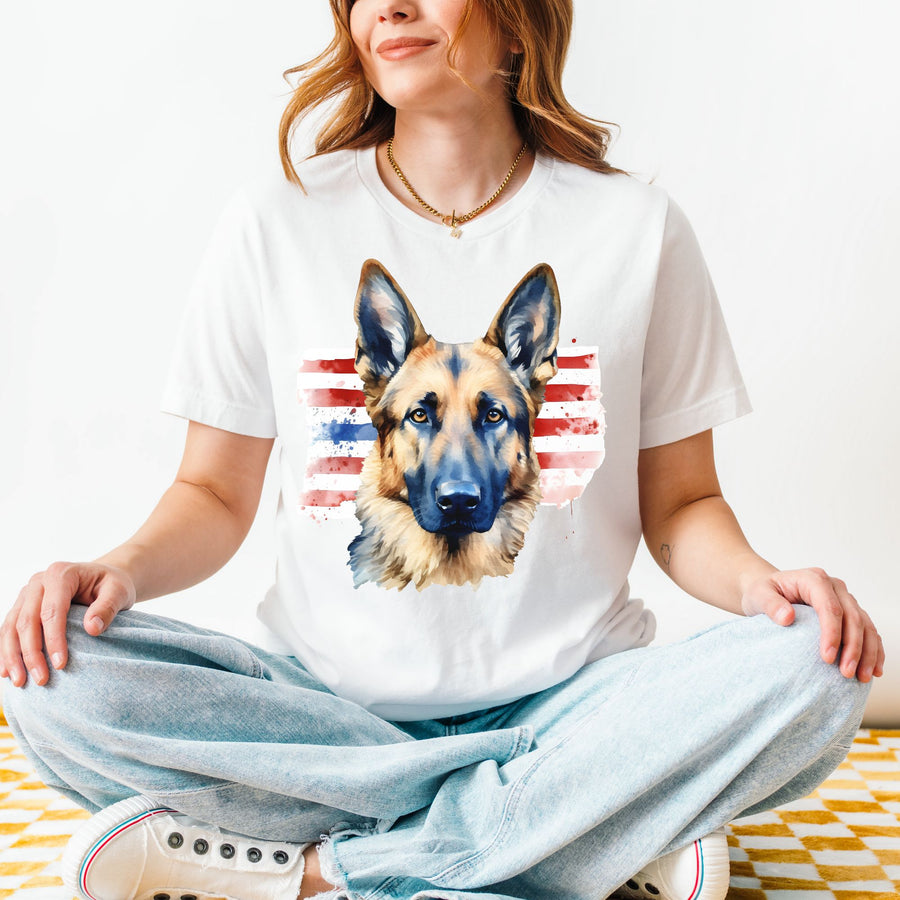 German Shepherd American Flag T-Shirt | Dog Patriotic Tee - Embellish by Jackie - Handmade Greeting Cards