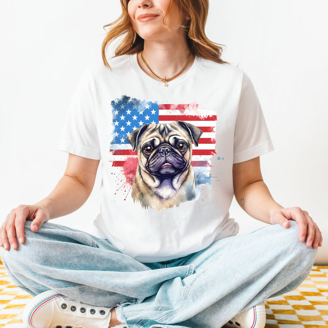 Pug Watercolor American Flag T-Shirt | Patriotic Pug Tee