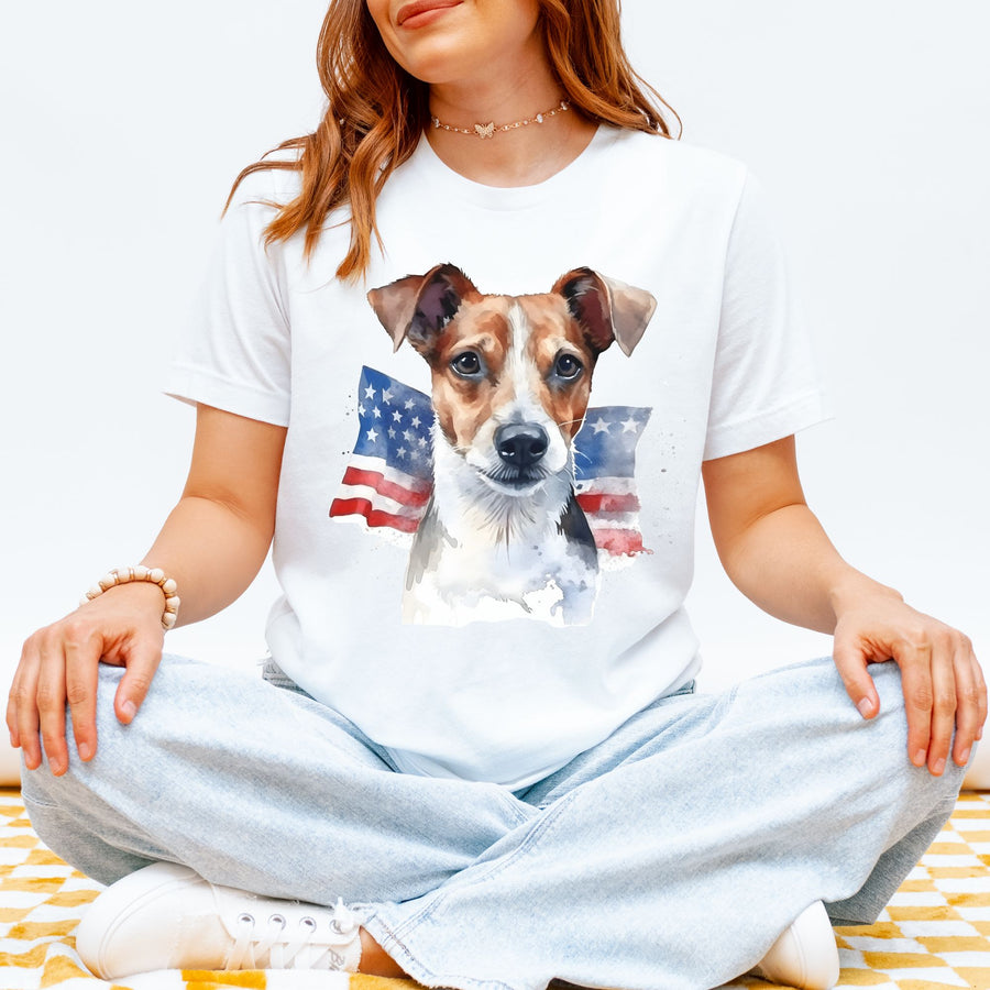 Parson Russell Terrier 4th of July Dog Face Tee | Flag Background Patriotic - Bella Canvas - Embellish by Jackie - Handmade Greeting Cards