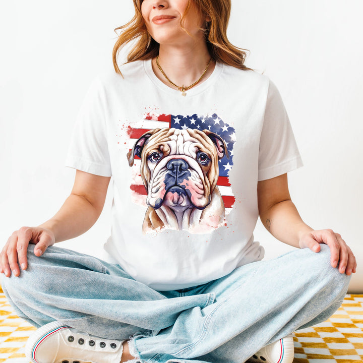 English Bulldog over American Flag Tee | Patriotic Dog Shirt - Embellish by Jackie - Handmade Greeting Cards