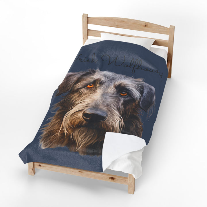 Irish Wolfhound Portrait Velveteen Plush Blanket | Gray Blue Background