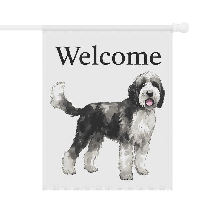 Sheepadoodle Black and White - Welcome - House Banner Flag - Decor For Dog Lovers - Sheepie