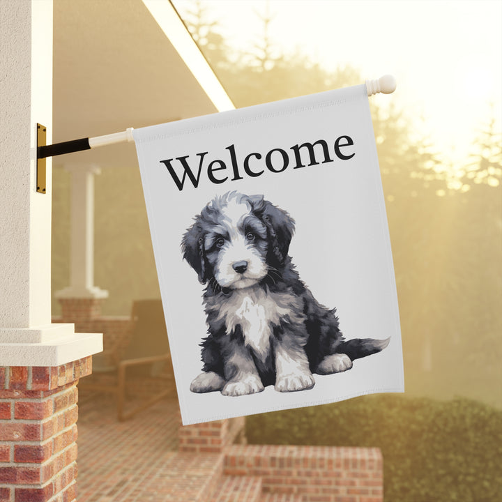 Sheepie Welcome House Banner Flag - Black and White Sheepadoodle Puppy