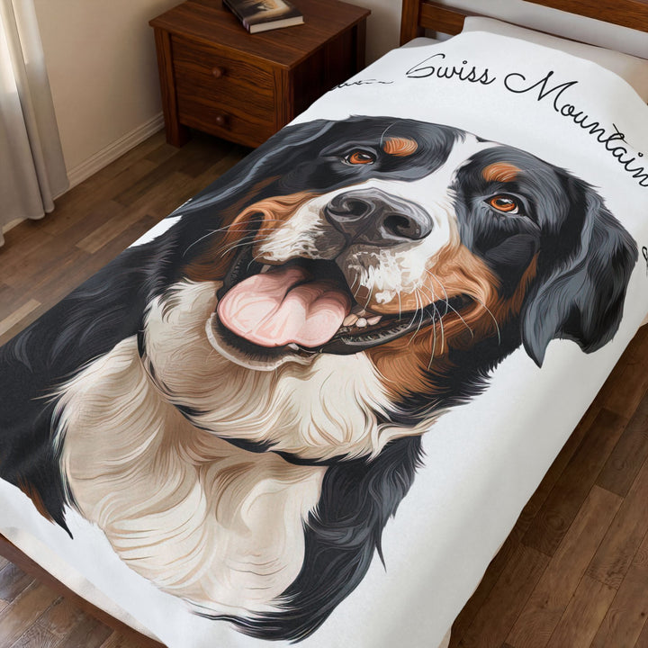 Greater Swiss Mountain Dog Face Velveteen Plush Blanket — Cozy Dog Portrait Throw - Embellish by Jackie - Handmade Greeting Cards