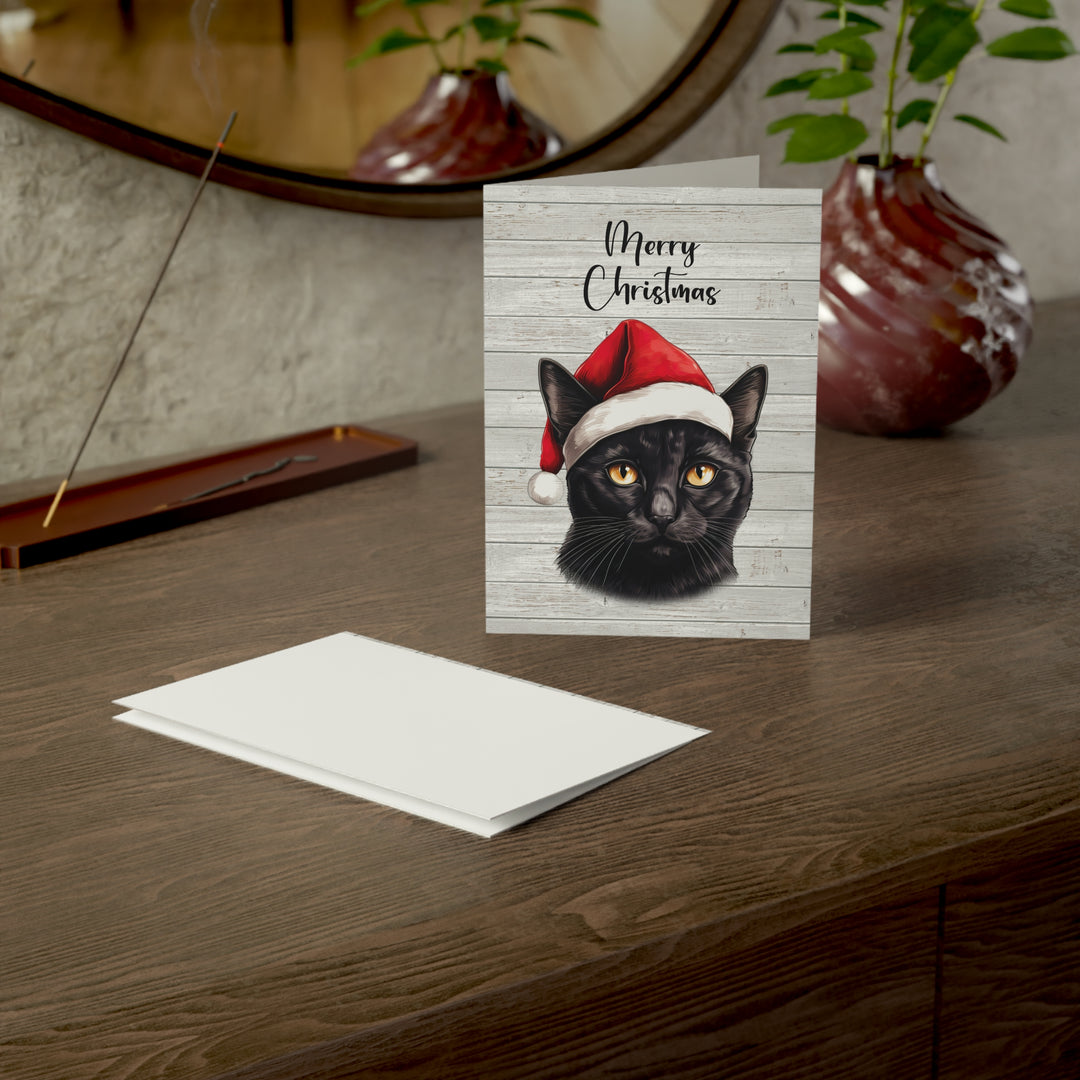 Black Cat Greeting Cards | Cute Kitty with Santa Hat | Multiple Sizes and Quantities | Merry Christmas Blank Inside