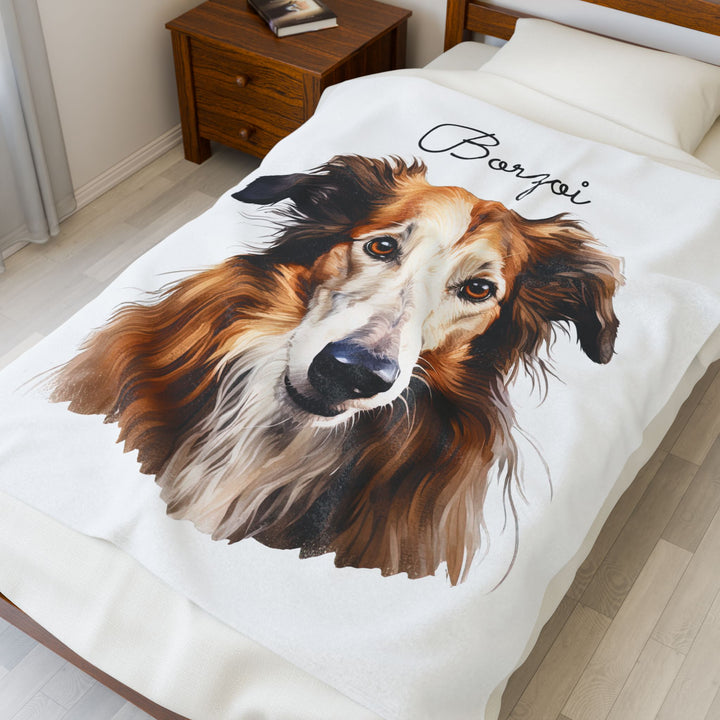 Borzoi Velveteen Plush Blanket with White Background - 3 Sizes available cozy throw dog lover - Pet mom gift