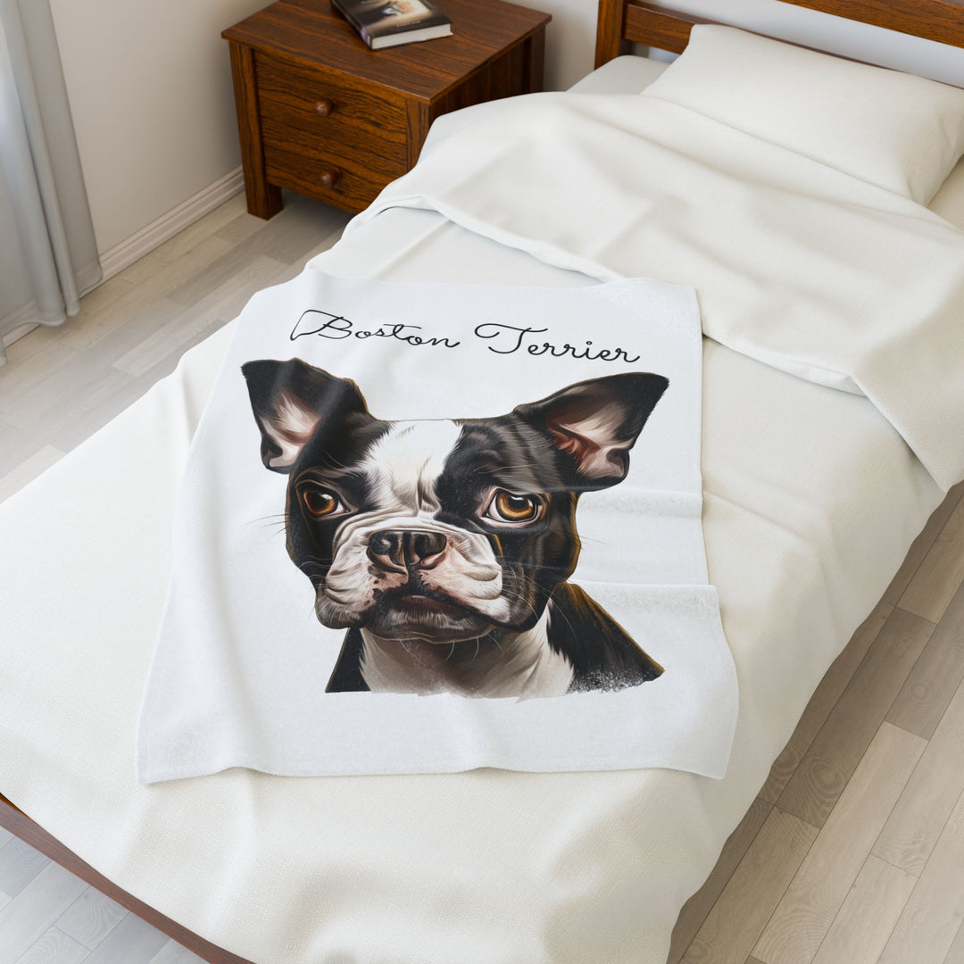 Boston Terrier Velveteen Plush Blanket with White Background - 3 Sizes available cozy throw dog lover - Pet mom gift