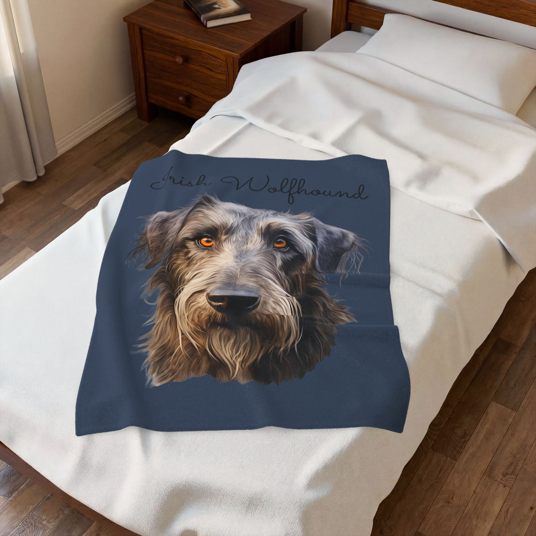 Irish Wolfhound Portrait Velveteen Plush Blanket | Gray Blue Background