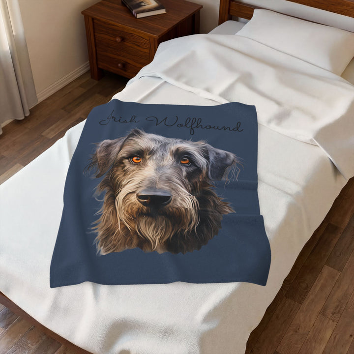 Irish Wolfhound Portrait Velveteen Plush Blanket | Gray Blue Background
