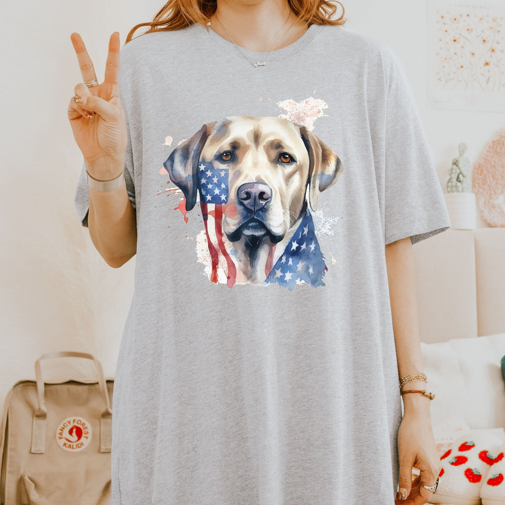 Yellow Labrador Retriever Wearing American Flag Tee T-Shirt | Dog Lover Tee - Embellish by Jackie - Handmade Greeting Cards