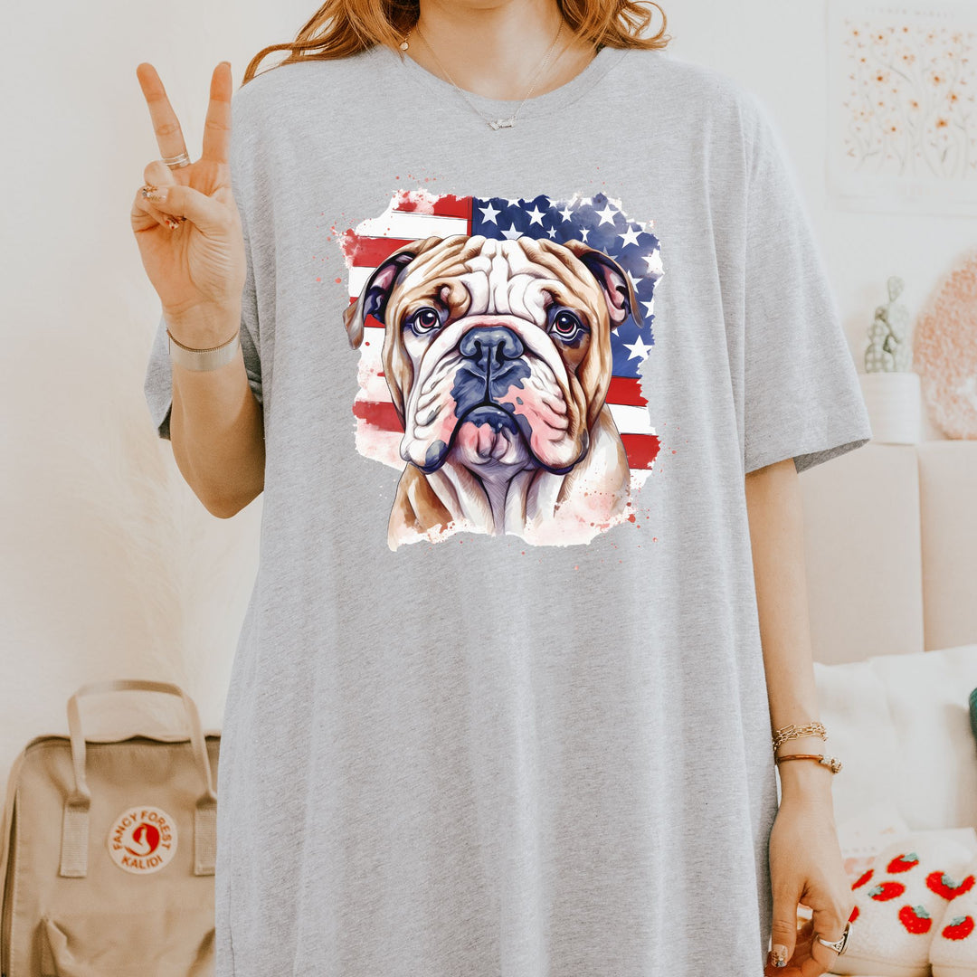 English Bulldog over American Flag Tee | Patriotic Dog Shirt - Embellish by Jackie - Handmade Greeting Cards