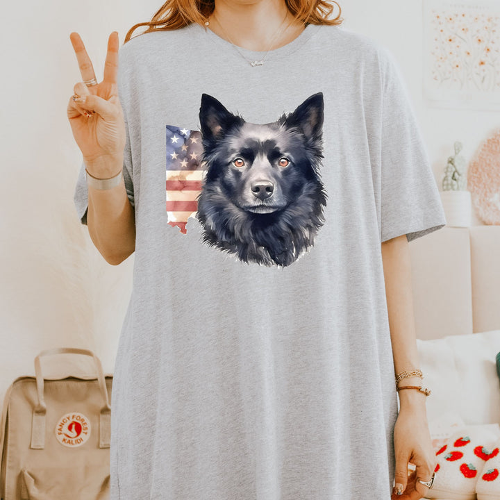 Black Schipperke Dog with Aged American Flag T-Shirt | Patriotic Dog Tee - Embellish by Jackie - Handmade Greeting Cards