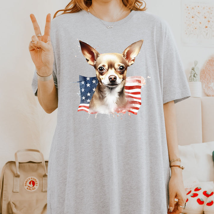 Patriotic Smooth Coat Chihuahua with 4th of July Flag T-Shirt | Brown Dog Tee - Embellish by Jackie - Handmade Greeting Cards