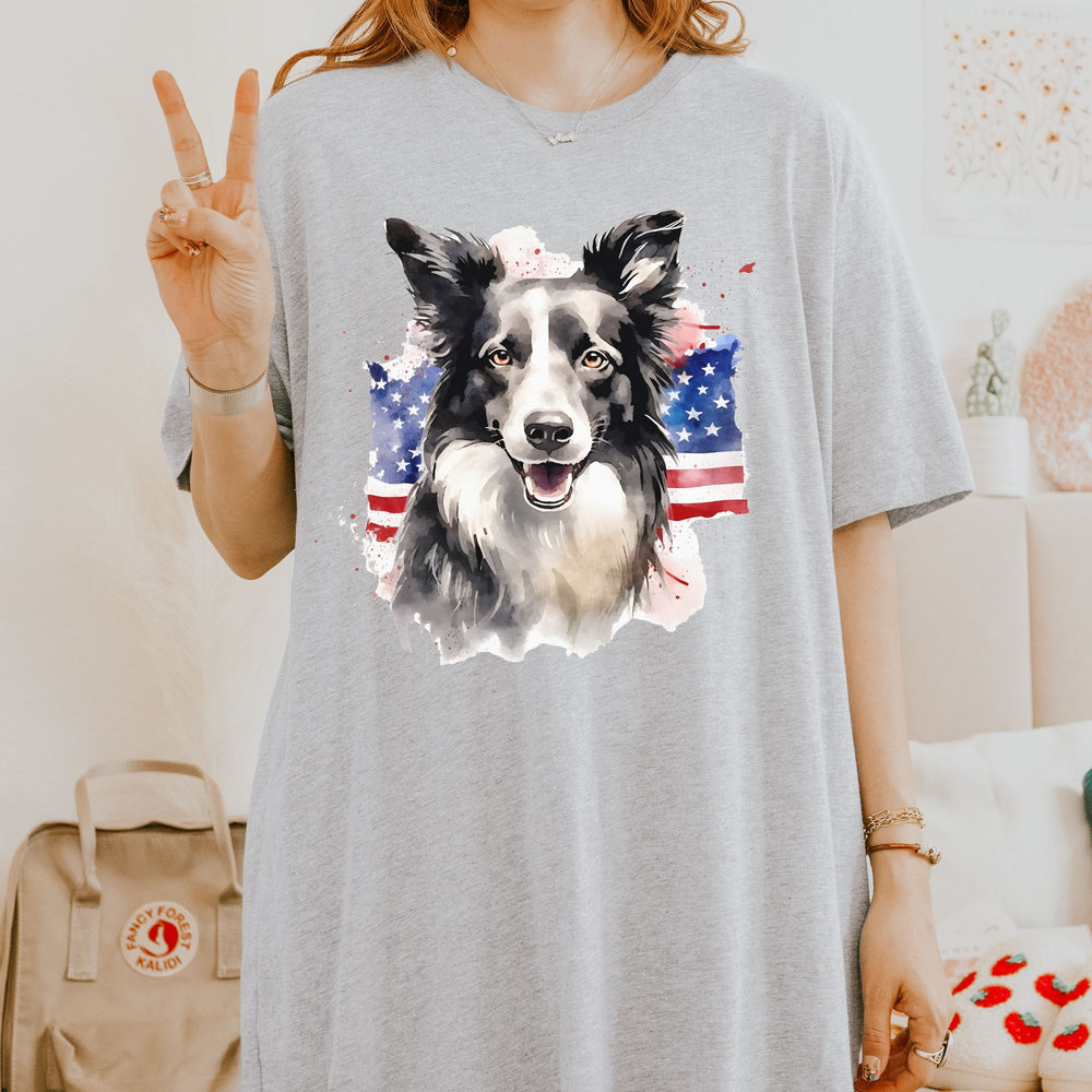 Border Collie Wearing American Flag Shirt T-Shirt | Patriotic Dog Tee - Embellish by Jackie - Handmade Greeting Cards