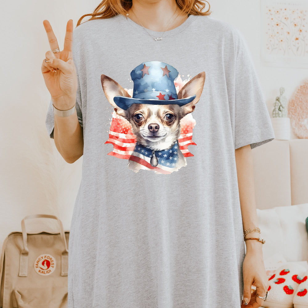 Patriotic Smooth Coat Chihuahua with American Flag Top Hat T-Shirt | Fourth of July Tee - Embellish by Jackie - Handmade Greeting Cards