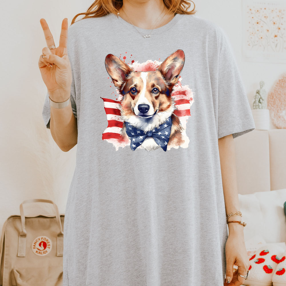 Pembroke Welsh Corgi with American Flag Stars Bowtie T-Shirt | Patriotic Corgi Tee - Embellish by Jackie - Handmade Greeting Cards