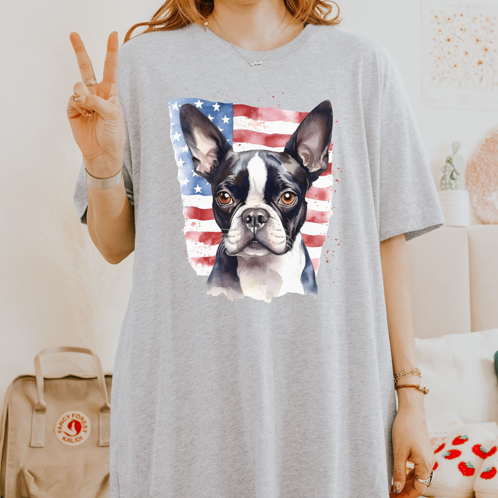 Boston Terrier with American Flag T-Shirt | Patriotic Dog Tee - Embellish by Jackie - Handmade Greeting Cards