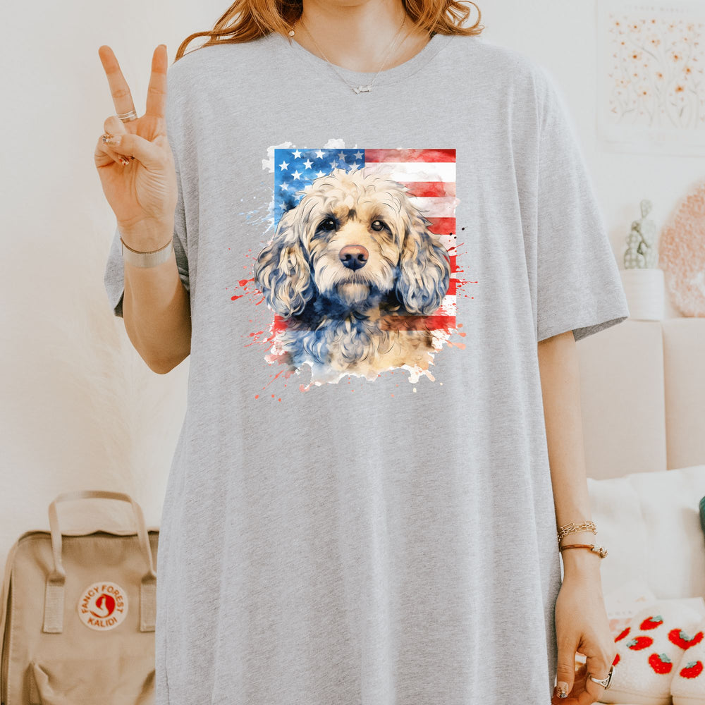 Fawn Cockapoo with American Flag Tee | Patriotic Dog Shirt - Embellish by Jackie - Handmade Greeting Cards