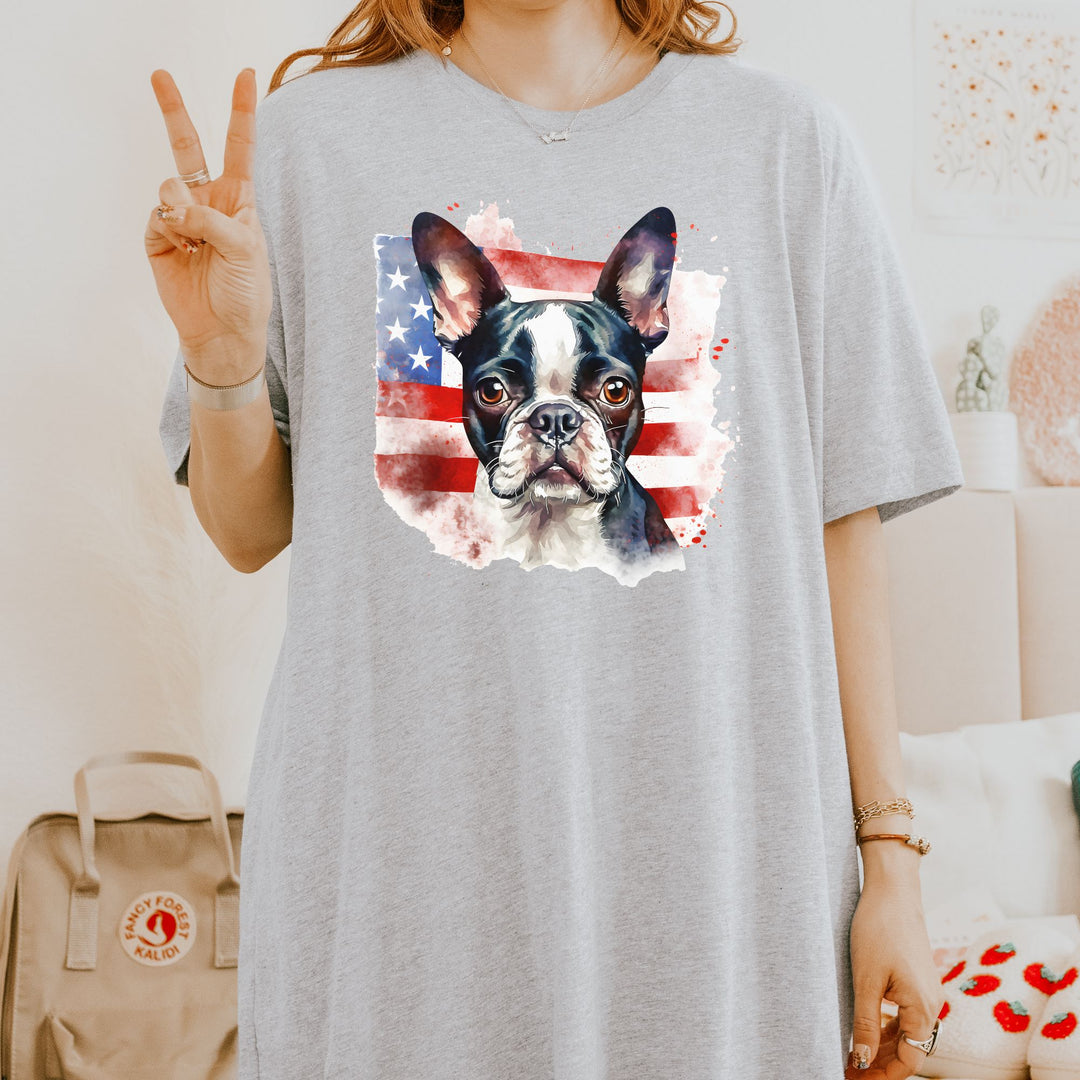 Boston Terrier over Distressed American Flag Tee | Patriotic Dog Shirt - Embellish by Jackie - Handmade Greeting Cards