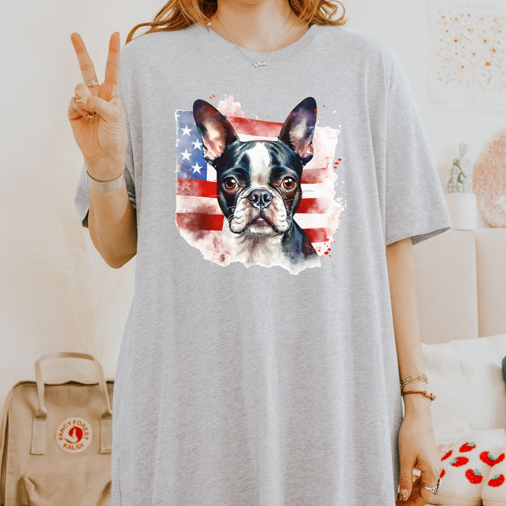 Boston Terrier over Distressed American Flag Tee | Patriotic Dog Shirt - Embellish by Jackie - Handmade Greeting Cards