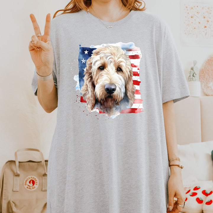 Golden Doodle with American Flag Tee | Dog USA Flag Shirt - Embellish by Jackie - Handmade Greeting Cards
