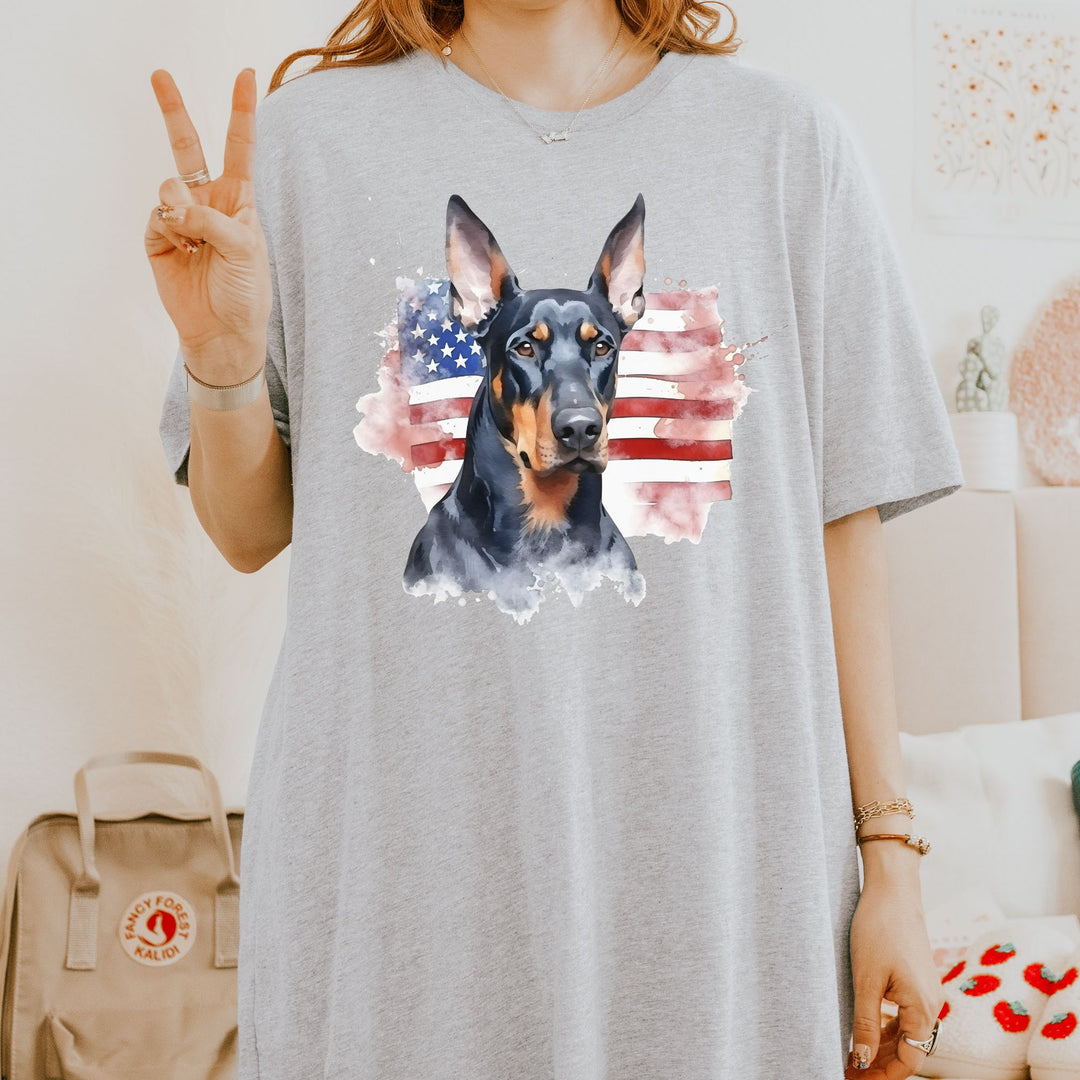 Doberman Pinscher American Flag 4th of July T-Shirt | Patriotic Dog Tee