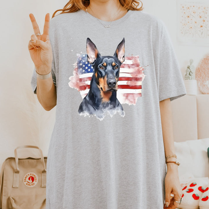 Doberman Pinscher American Flag 4th of July T-Shirt | Patriotic Dog Tee