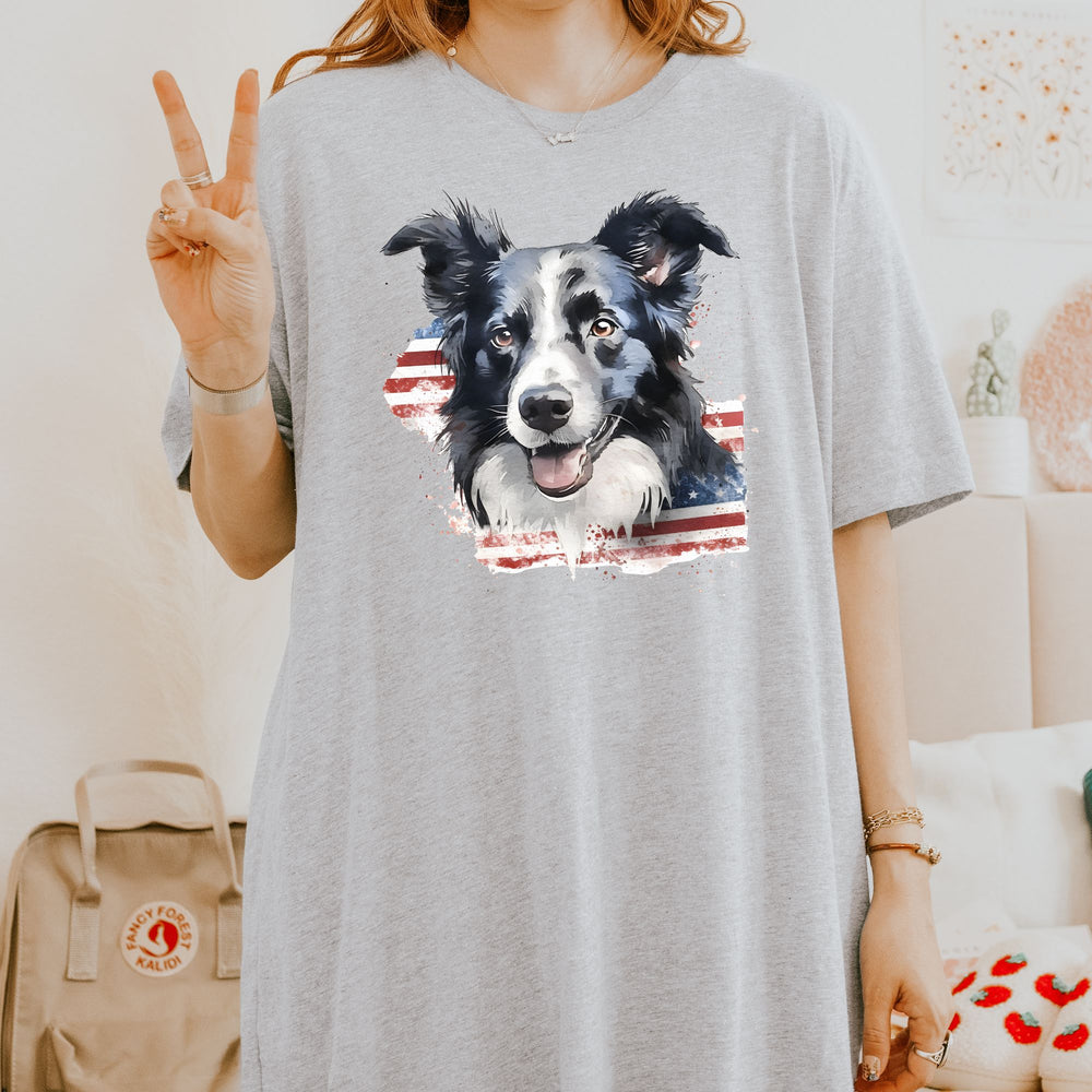 Border Collie with Distressed American Flag T-Shirt | Patriotic Dog Tee - Embellish by Jackie - Handmade Greeting Cards