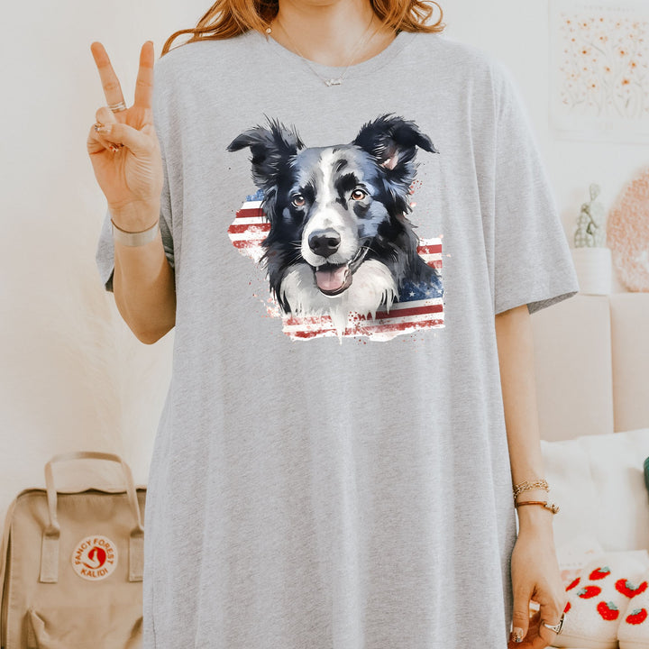 Border Collie with Distressed American Flag T-Shirt | Patriotic Dog Tee - Embellish by Jackie - Handmade Greeting Cards