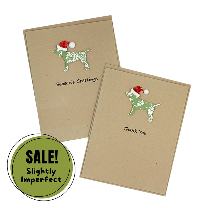 Dog Christmas Cards Single Green Damask Generic Dog with Santa Hat