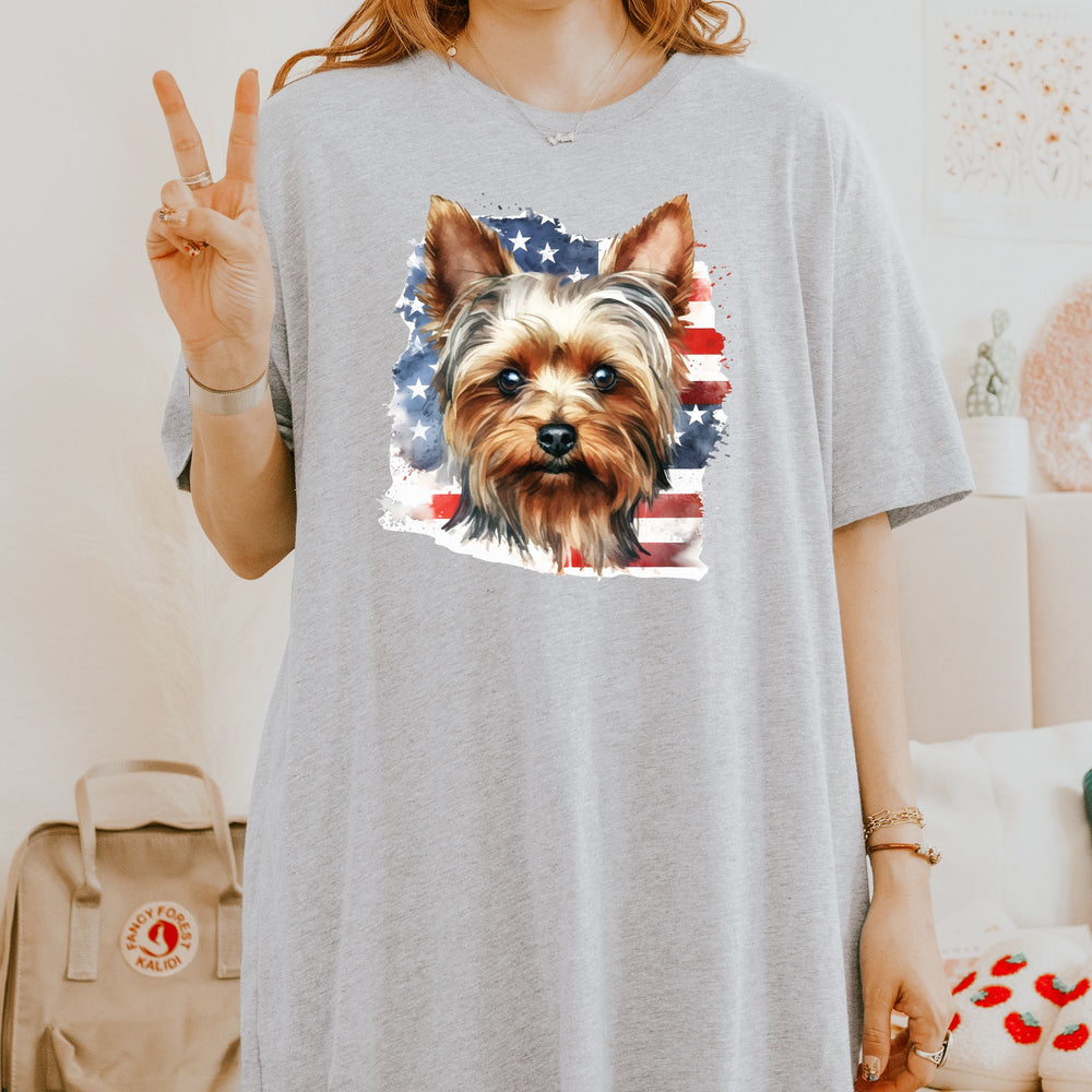 Yorkshire Terrier with American Flag T-Shirt | Patriotic Yorkie Tee - Embellish by Jackie - Handmade Greeting Cards
