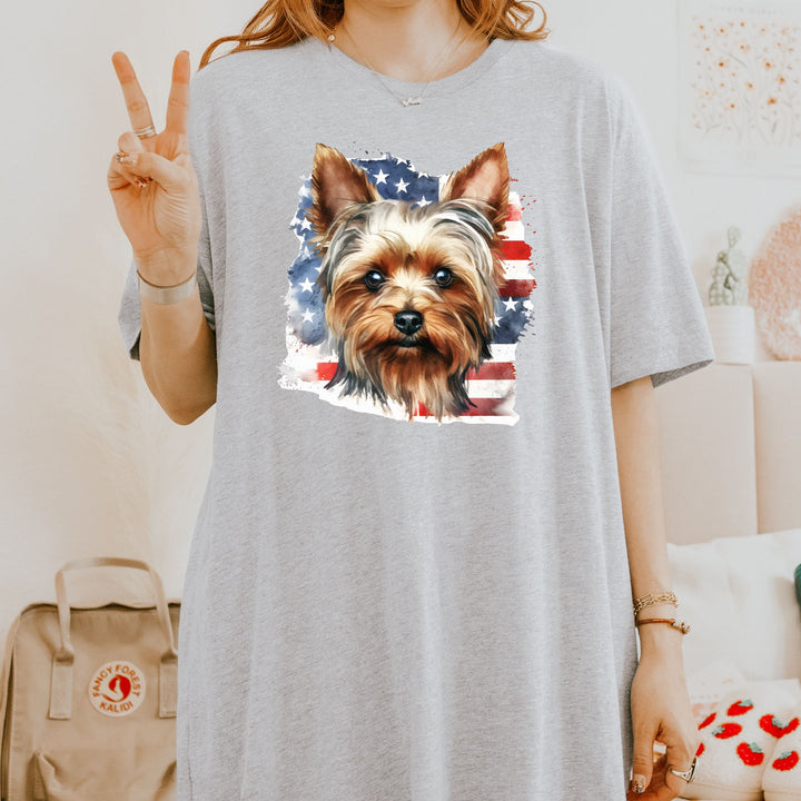 Yorkshire Terrier with American Flag T-Shirt | Patriotic Yorkie Tee - Embellish by Jackie - Handmade Greeting Cards