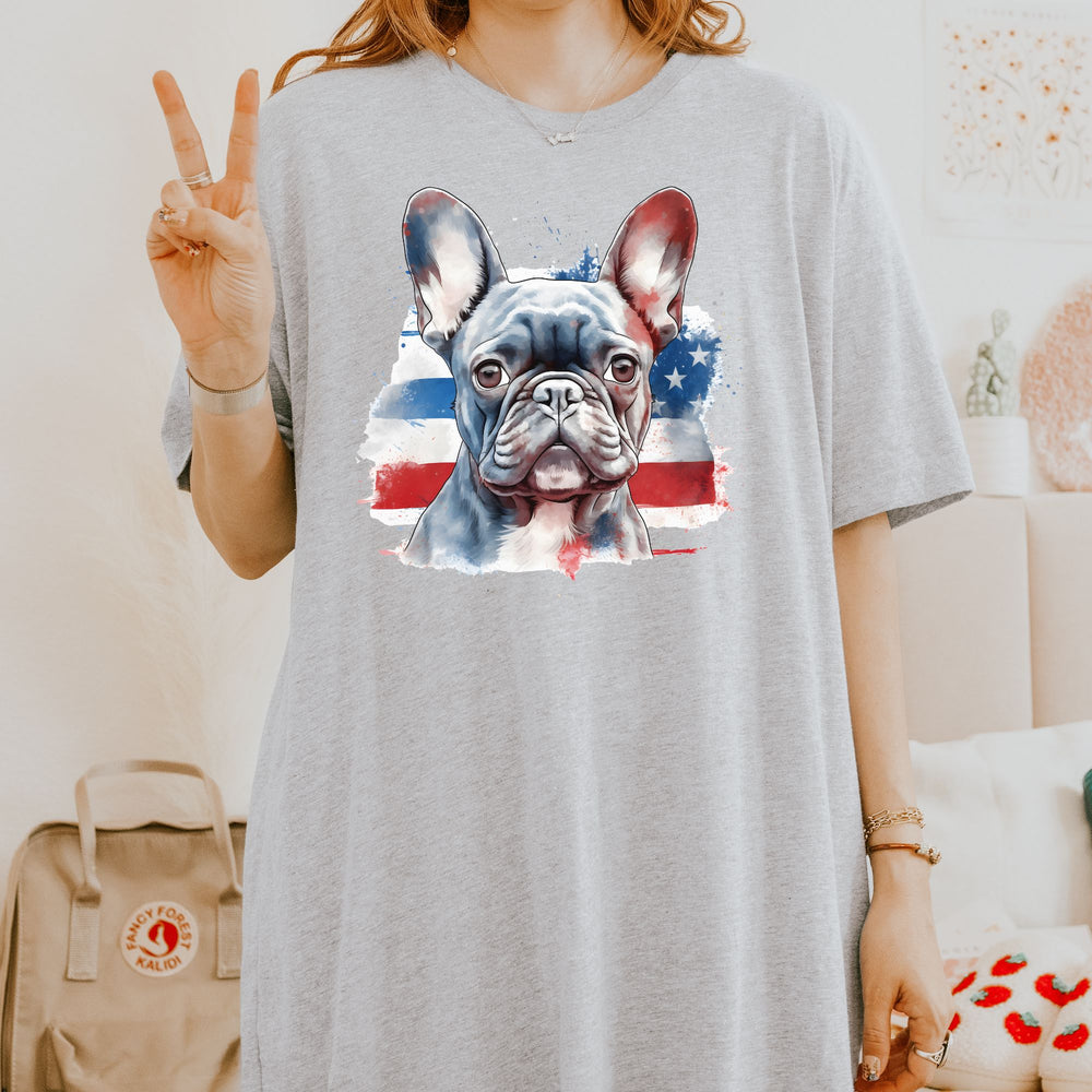 Patriotic French Bulldog T-Shirt | Dark Bulldog with Red White and Blue Design - Embellish by Jackie - Handmade Greeting Cards