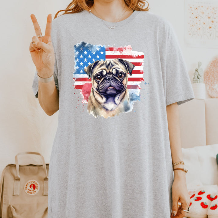 Pug Watercolor American Flag T-Shirt | Patriotic Pug Tee