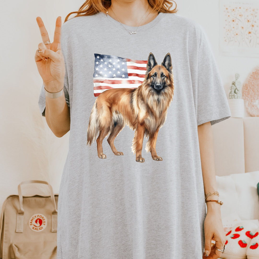 Belgian Tervuren with American Flag T-Shirt | Patriotic 4th of July Tee