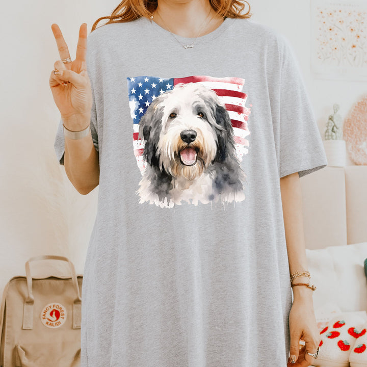 Old English Sheepdog American Flag T-Shirt | Dog Portrait Tee