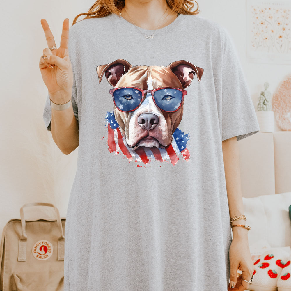 American Pit Bull Terrier with Flag Sunglasses T-Shirt | Patriotic Dog Tee - Embellish by Jackie - Handmade Greeting Cards