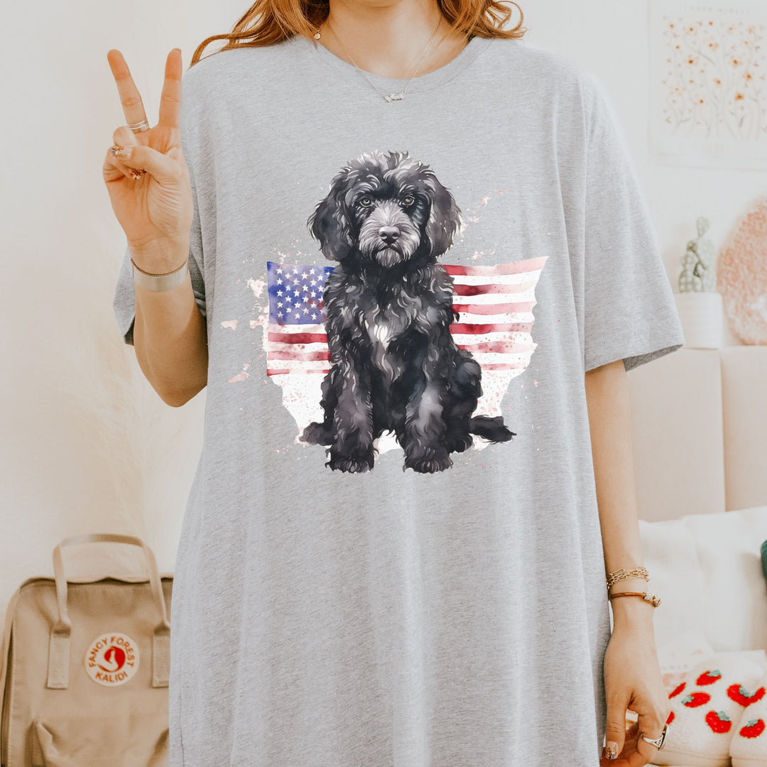 Black Doodle Patriotic Flag T-Shirt | 4th of July Independence Day Tee Labradoodle Bernedoodle - Embellish by Jackie - Handmade Greeting Cards