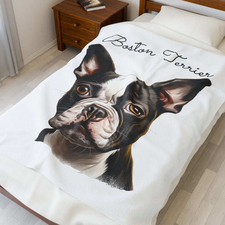 Boston Terrier Velveteen Plush Blanket with White Background - 3 Sizes available cozy throw dog lover - Pet mom gift