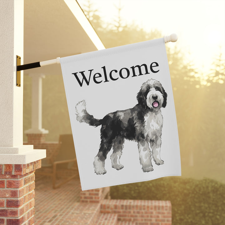 Sheepadoodle Black and White - Welcome - House Banner Flag - Decor For Dog Lovers - Sheepie