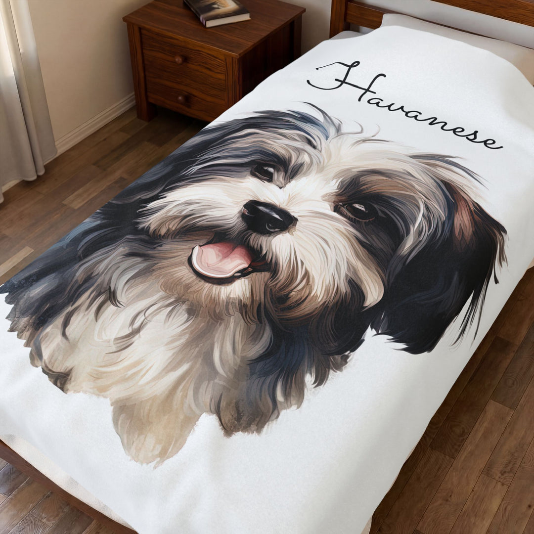 Black and White Havanese Dog Velveteen Plush Blanket | Cozy Throw - Embellish by Jackie - Handmade Greeting Cards