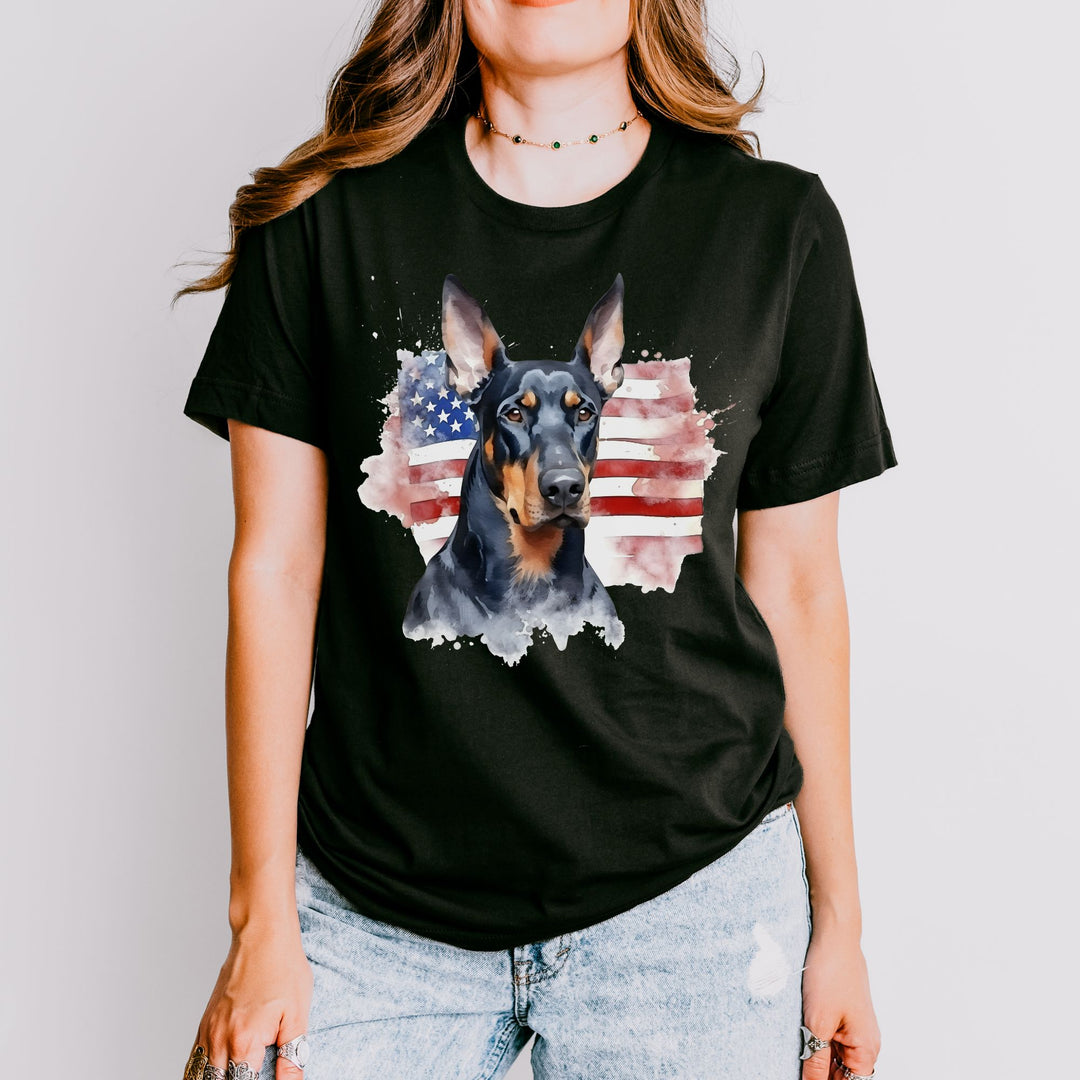 Doberman Pinscher American Flag 4th of July T-Shirt | Patriotic Dog Tee