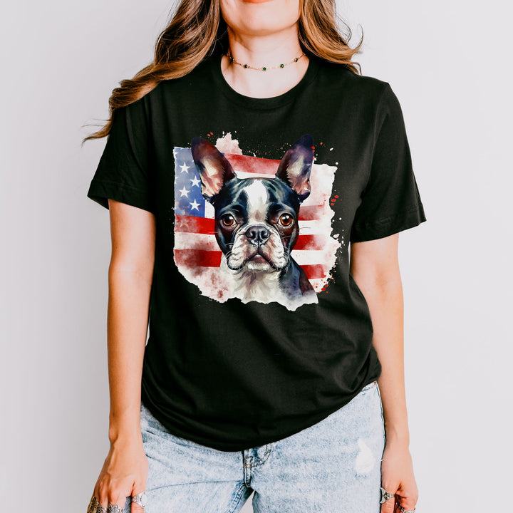 Boston Terrier over Distressed American Flag Tee | Patriotic Dog Shirt - Embellish by Jackie - Handmade Greeting Cards