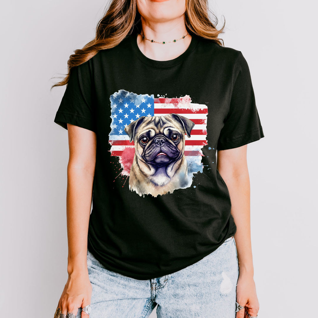 Pug Watercolor American Flag T-Shirt | Patriotic Pug Tee